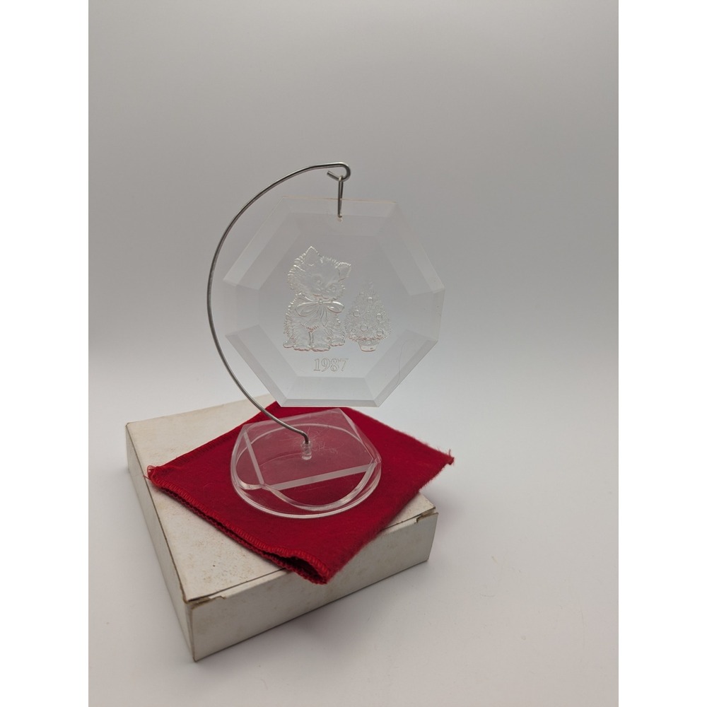 Vintage 1987 Clear Acrylic Hexagon Cat & Christmas Tree Ornament with Stand 5"